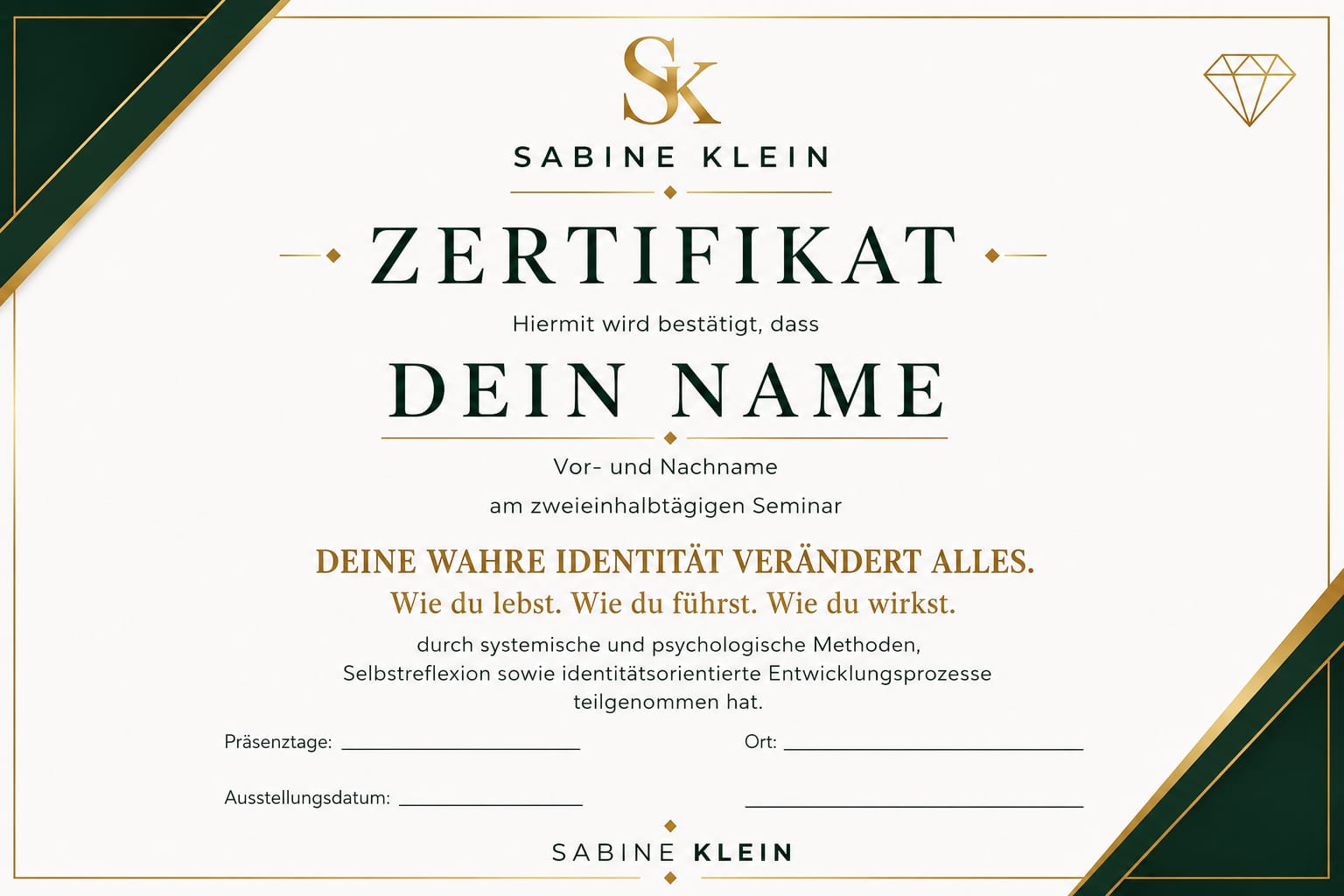 Teilnehmerzertifikat Sabine KLEIN Seminare